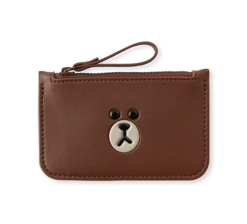 Line Friends Brown Leather Like Card Wallets Zipper Strap Characters Couple Goods Cute Students Accessories Coin Credit Holder