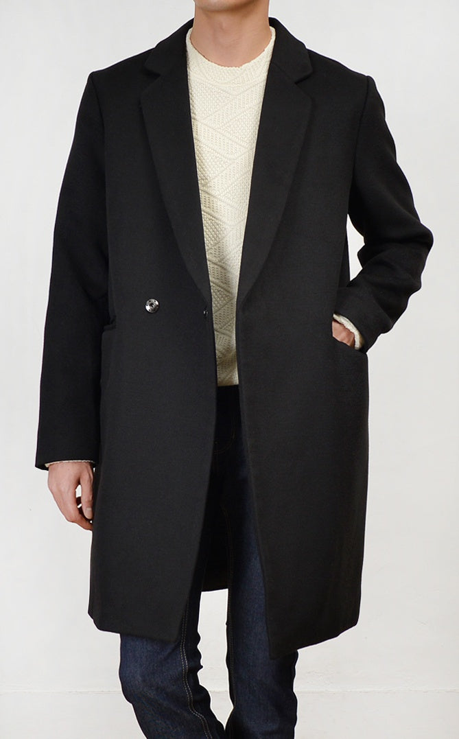 Black Hidden Button Double Breasted Long Coats Mens Winter Plain Basic