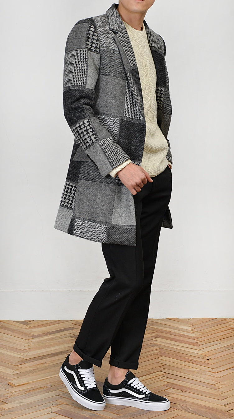 Gray Patchwork Checkered Single Breasted Two Button Wool Blend Coats