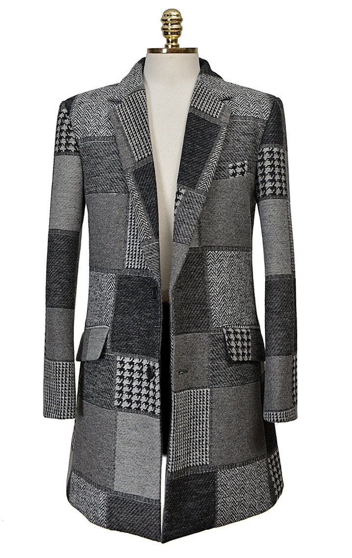 Gray Patchwork Checkered Single Breasted Two Button Wool Blend Coats
