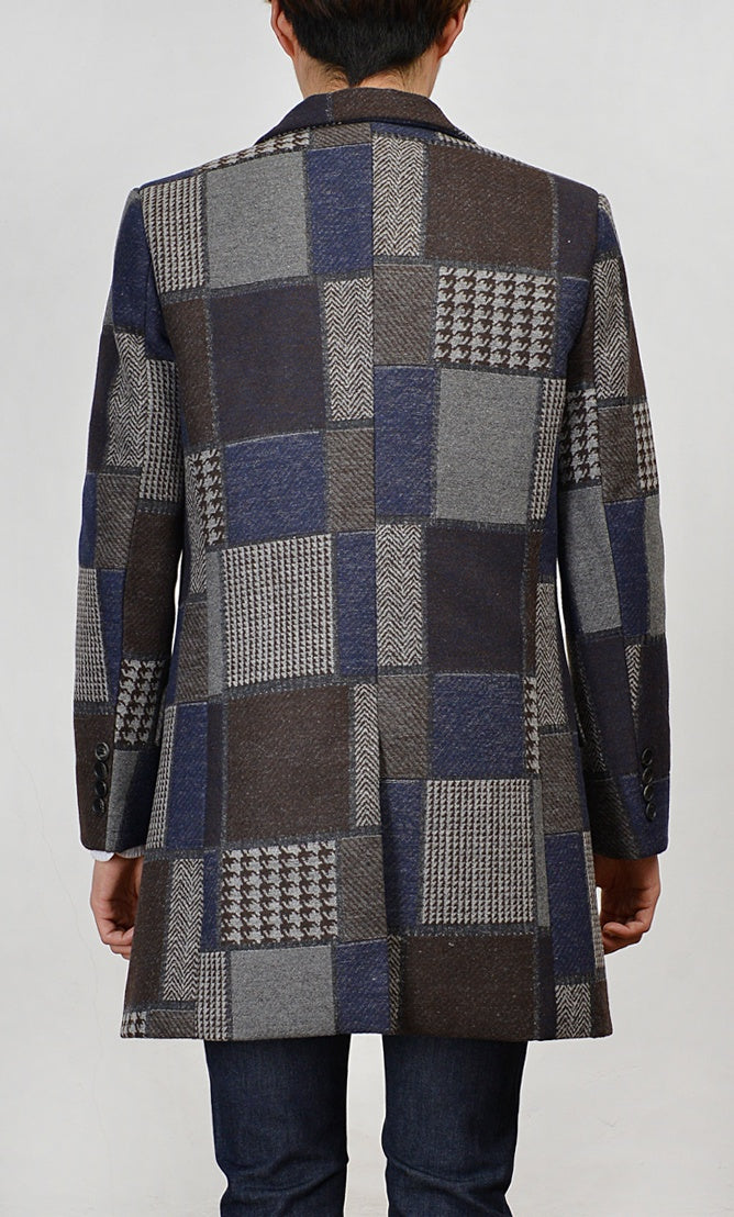 Navy Patchwork Checkered Single Breasted Two Button Wool Blend Coats