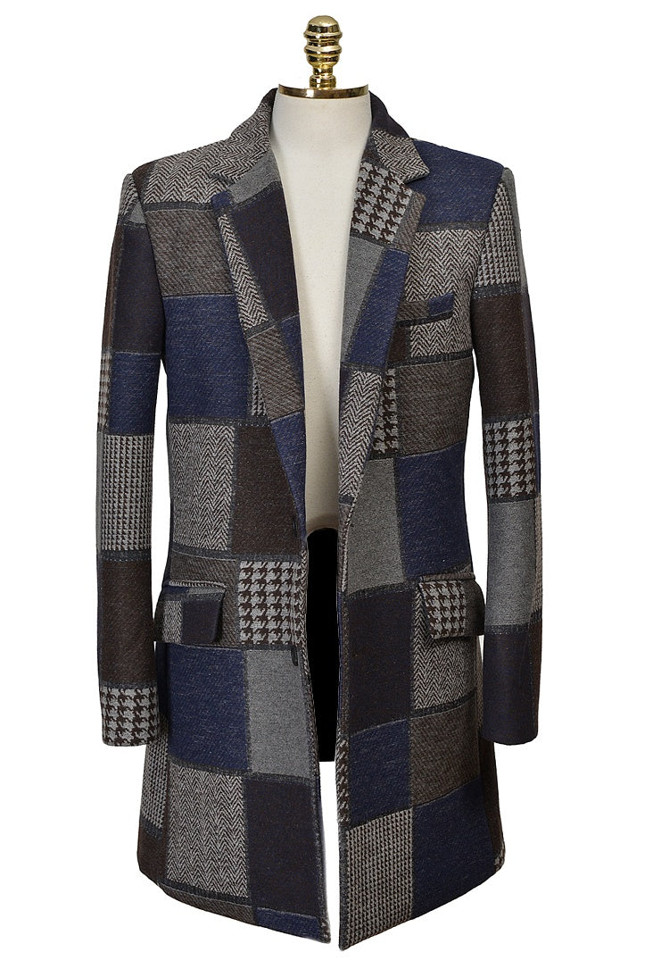 Navy Patchwork Checkered Single Breasted Two Button Wool Blend Coats