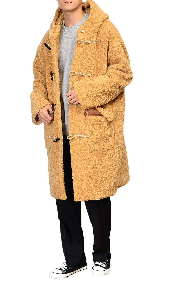 Beige Shearling Toggle Long Coats Mens Winter Outerwear Duffle Hooded