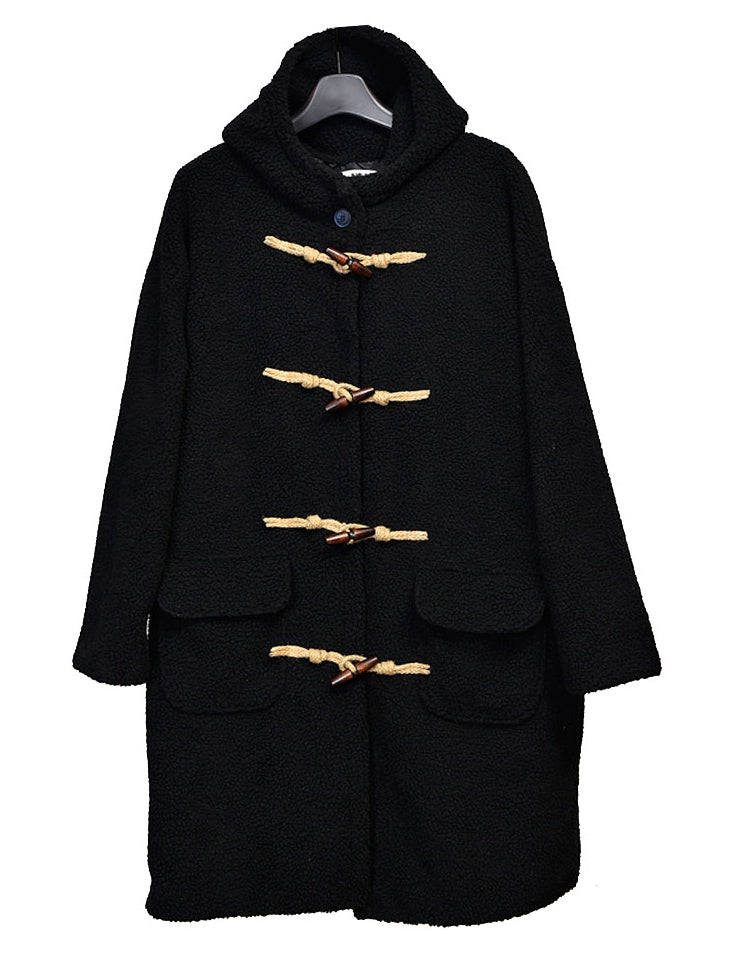 Black Shearling Toggle Long Coats Mens Winter Outerwear Duffle Hooded