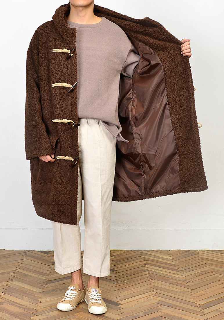 Brown Shearling Toggle Long Coats Mens Winter Outerwear Duffle Hooded