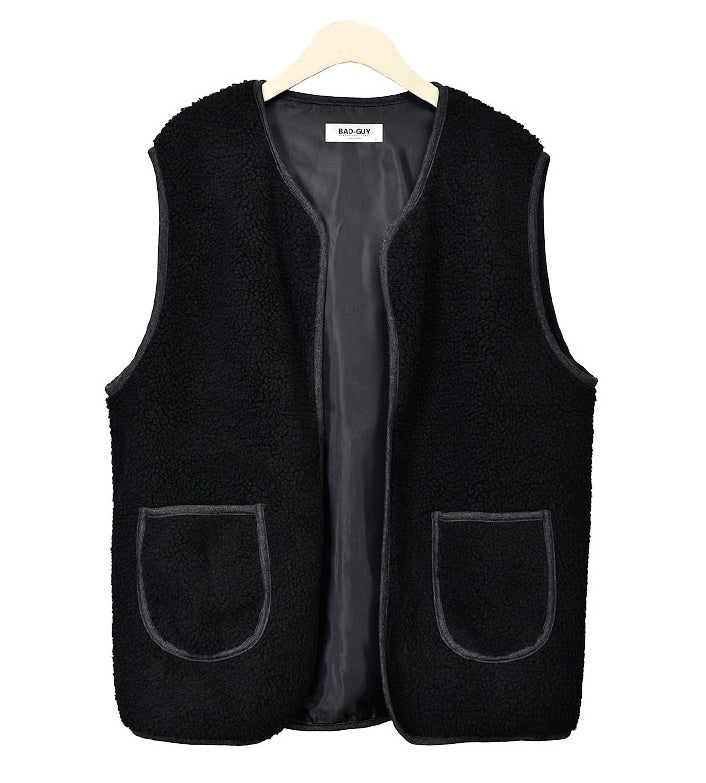 Black Shearling Vests Mens Winter Outerwear Cozy Waistcoats Casual
