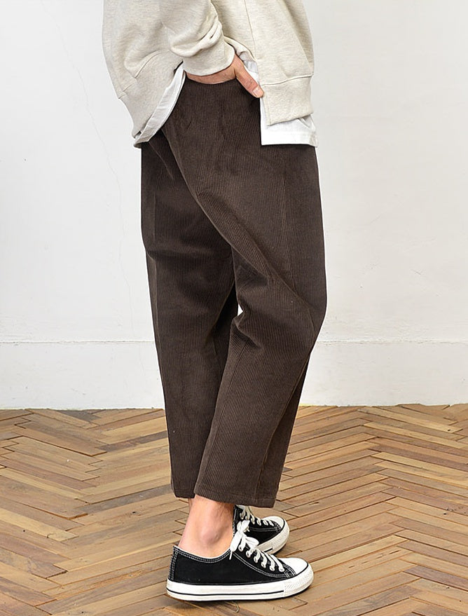 Corduroy Wide Trousers Mens Formal Casual Cropped Pants Korean Guys Kpop Style Waistband