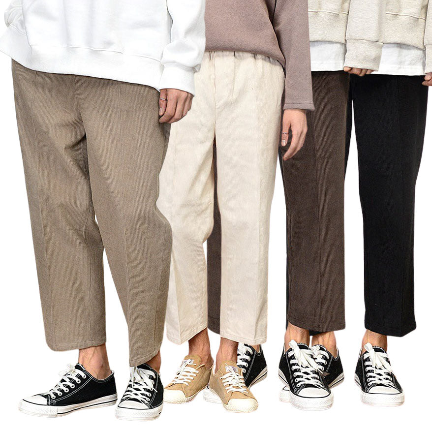 Corduroy Wide Trousers Mens Formal Casual Cropped Pants Korean Guys Kpop Style Waistband
