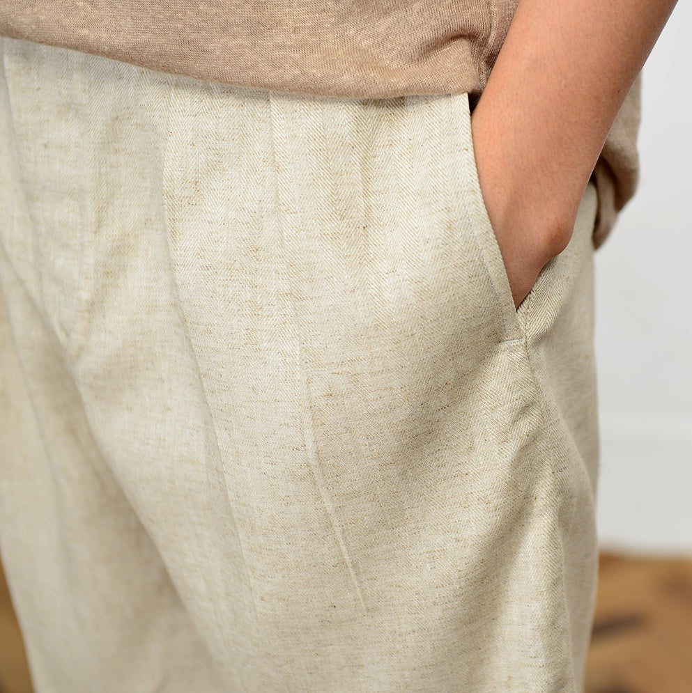 Beige Herringbone Linen Shorts For Mens Pants Summer Korean Suits