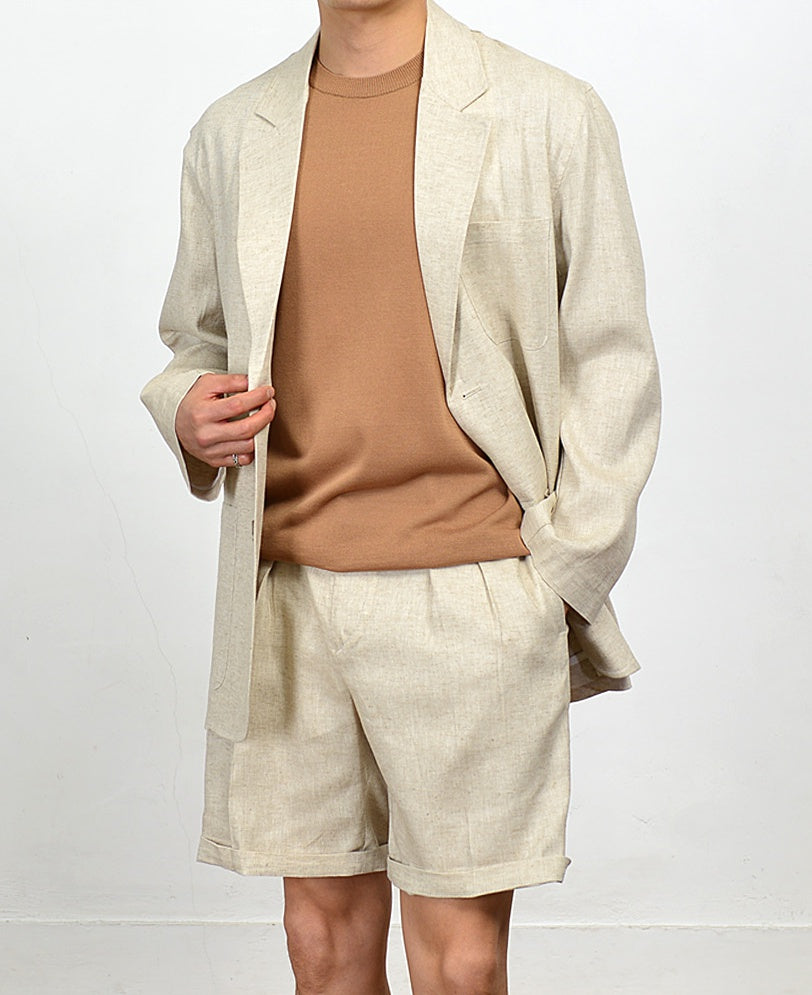 Beige Herringbone Linen Shorts For Mens Pants Summer Korean Suits