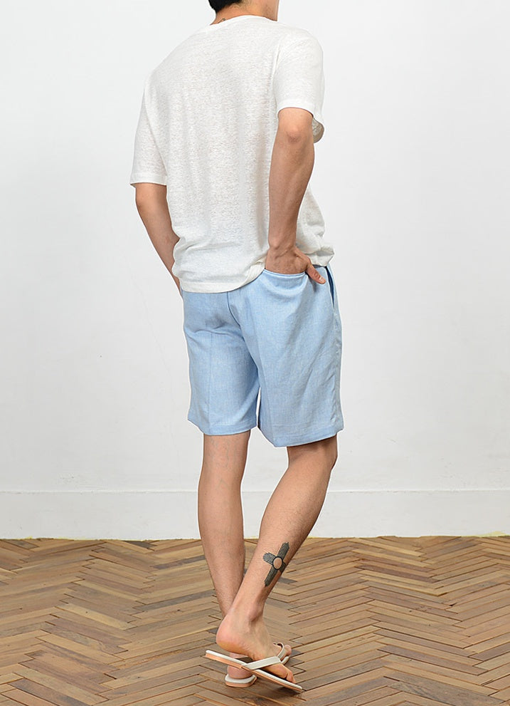 Blue Herringbone Linen Shorts For Mens Pants Summer Korean Suits