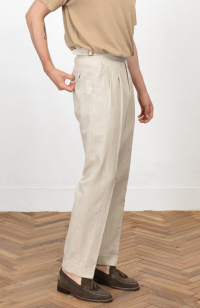 Beige Linen Two Tucked High Waist Trousers Mens Relaxed Pleated