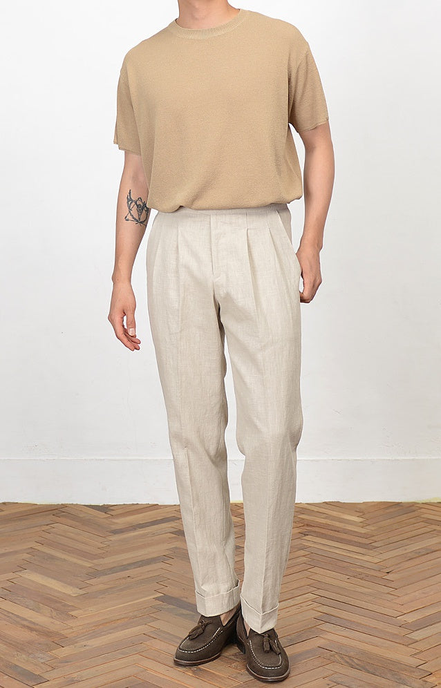 Beige Linen Two Tucked High Waist Trousers Mens Relaxed Pleated Pants