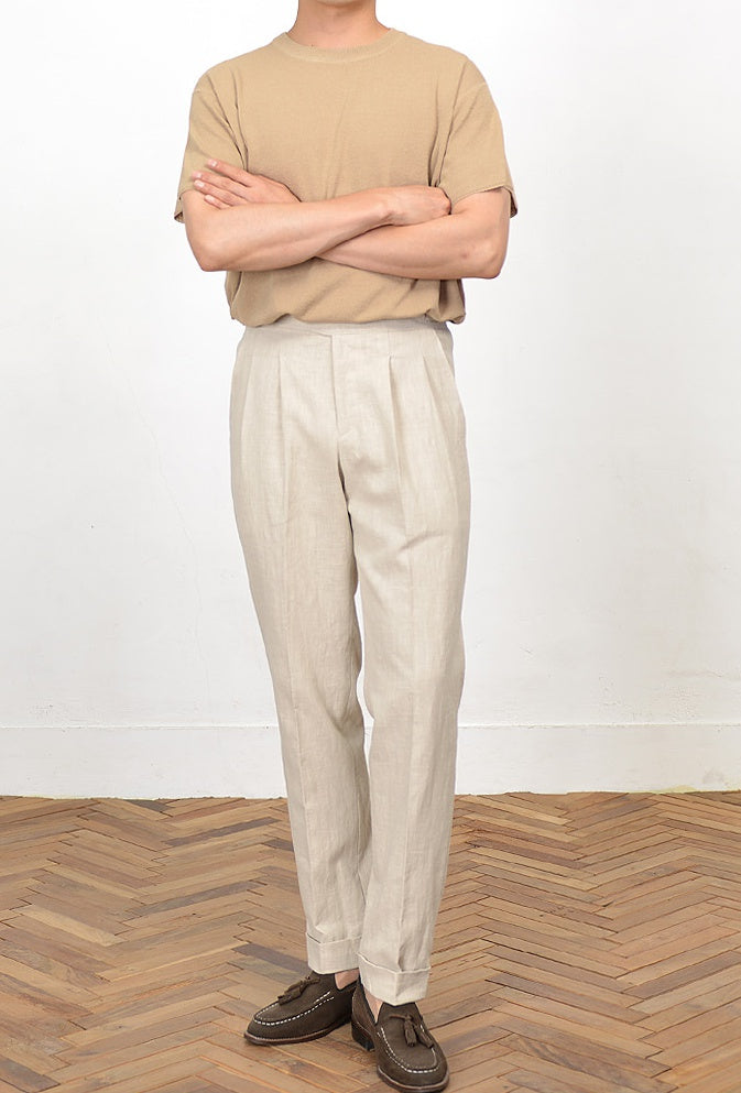 Beige Linen Two Tucked High Waist Trousers Mens Relaxed Pleated Pants