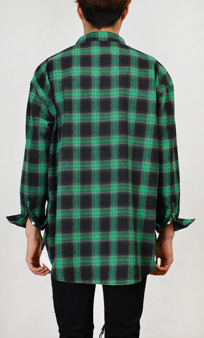 Green Brushed Tartan Checkered Plaids Long Sleeved Casual Shirts Mens