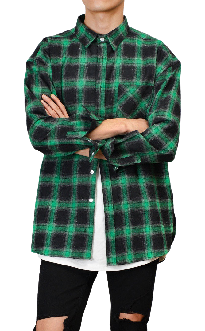 Green Brushed Tartan Checkered Plaids Long Sleeved Casual Shirts Mens