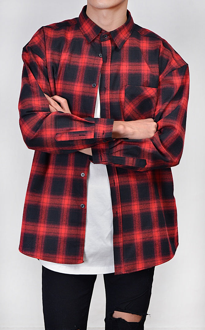 Red Brushed Tartan Checkered Plaids Long Sleeved Casual Shirts For Men