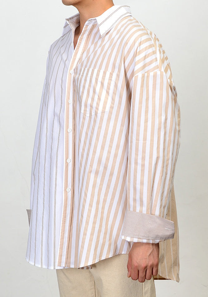 Beige Multi Vertical Striped Long Sleeved Casual Shirts Mens Buttoned