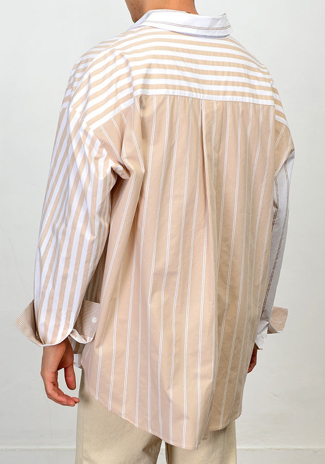 Beige Multi Vertical Striped Long Sleeved Casual Shirts Mens Buttoned