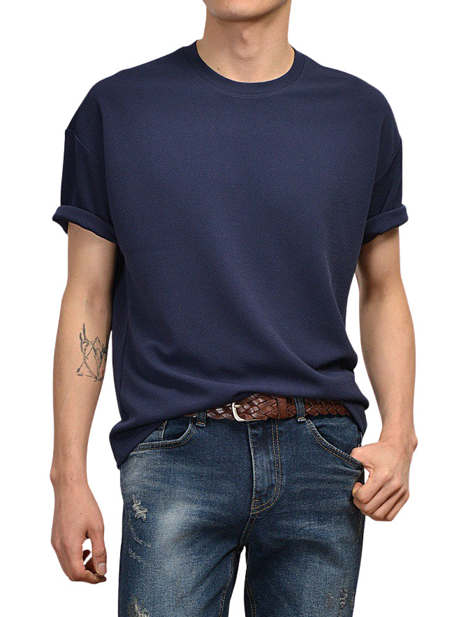 Navyblue Short Sleeved T-Shirts Mens Loose Fit Tees Solid Plain Tops