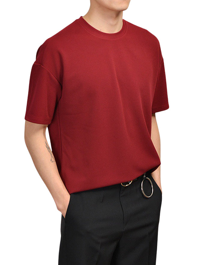 Burgundy Red Short Sleeve Tshirts Mens Loose Fit Tees Solid Plain Tops