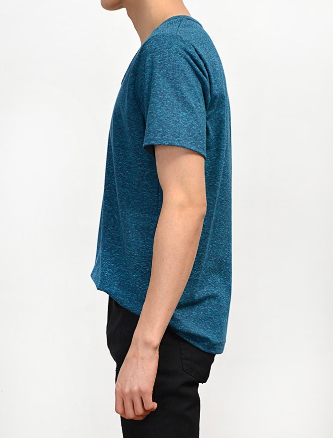 Blue Casual Short Sleeve Tshirts Mens Tees Slub Fabric Scoop Neck Tops