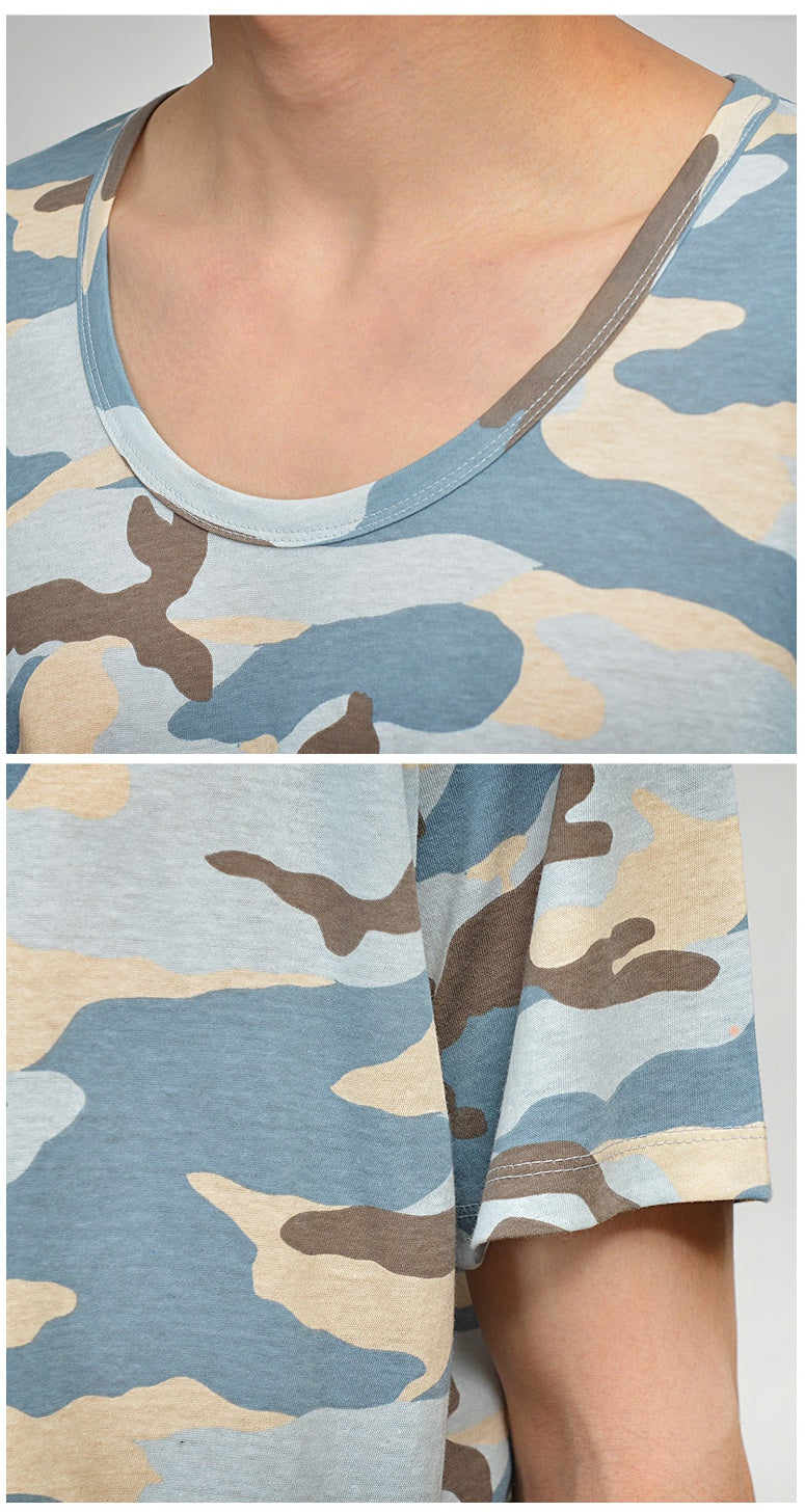 Blue Camouflage Short Sleeve Tshirts Mens Military Tees Scoop Neck Top