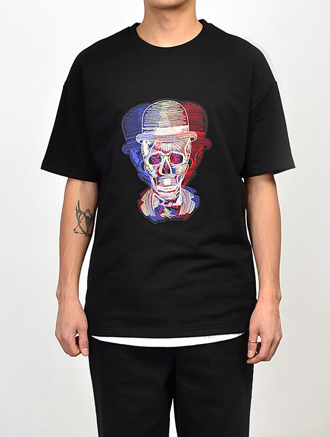 Black Fedora Skull Graphic Short Sleeved T-Shirts Mens Loose Fit Tees