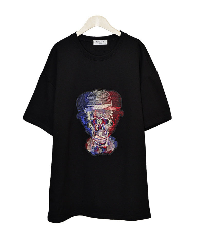 Black Fedora Skull Graphic Short Sleeved T-Shirts Mens Loose Fit Tees