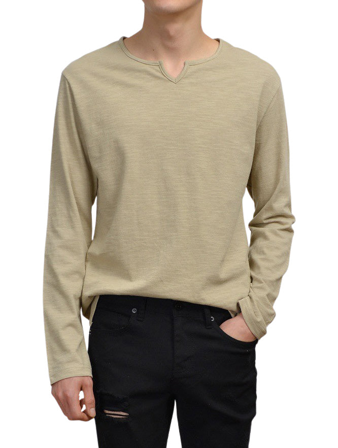 Slit Neck Casual Solid Long Sleeved Tshirts Mens Tees Vneck Tops 100% Cotton Made in Korean