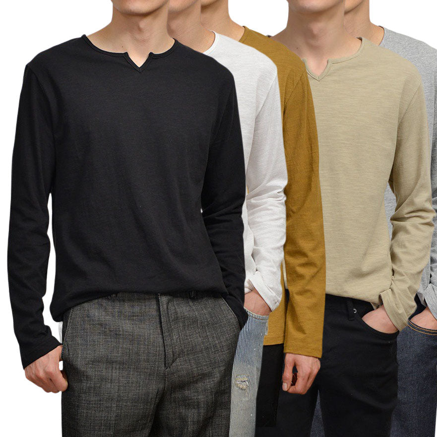 Slit Neck Casual Solid Long Sleeved Tshirts Mens Tees Vneck Tops 100% Cotton Made in Korean