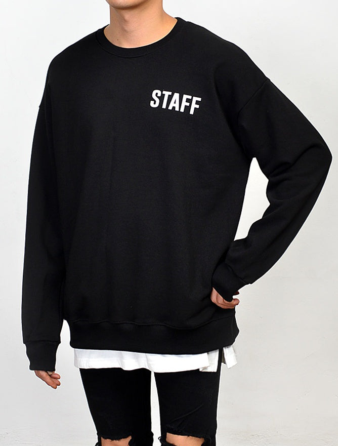 Black Staff Graphic Casual Long Sleeved Sweatshirts Mens Crewneck Tops Loose Fit Made in Korean Fashion Kpop Style