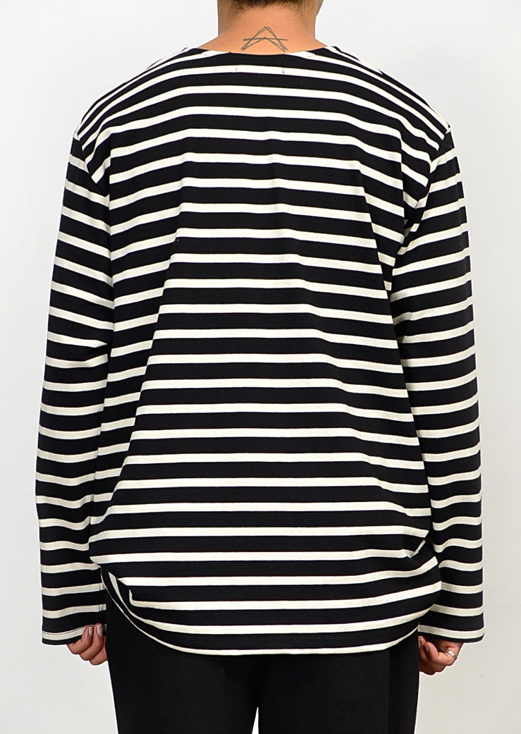 Casual Striped Long Sleeved Tshirts Mens Tees Crewneck Tops 100% Cotton Made in Korean Black Navyblue Ivory