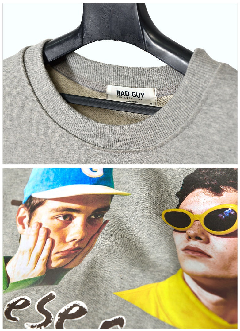 Black Gray Two Faces Graphic Long Sleeve Sweatshirts Mens Top