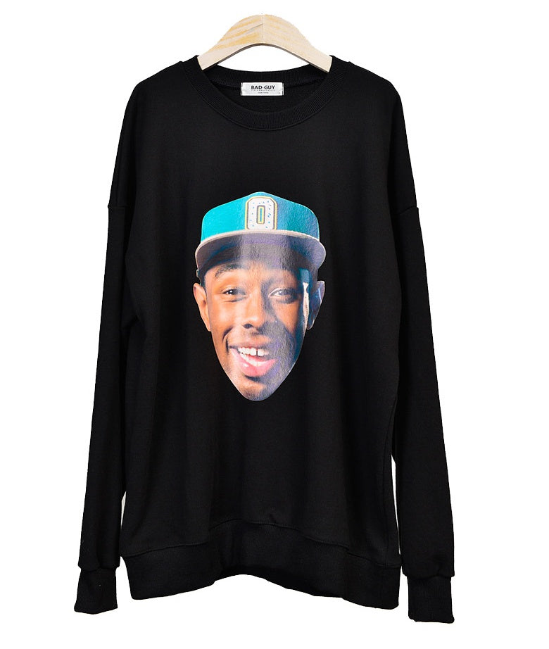 Black Face Graphic Casual Long Sleeve Sweatshirts Mens Tops Crewneck Tops Loose Fit Made in Korean Fashion Kpop Style