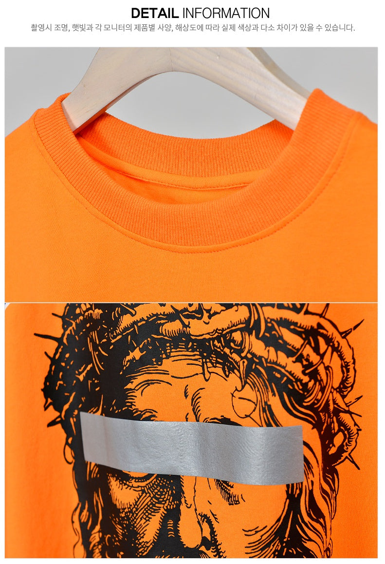 Orange Graphic Short Sleeved T-Shirts Mens Loose Fit Crewneck Tees