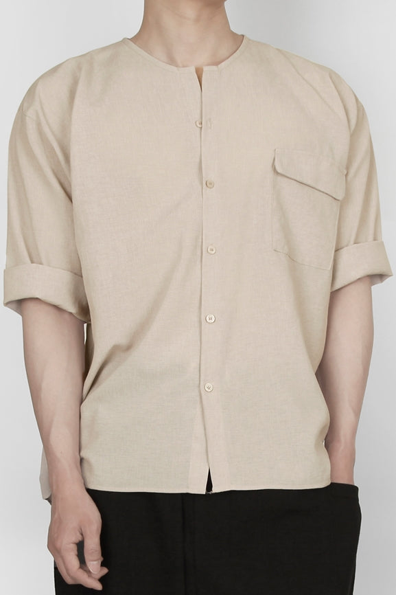 Beige Non Collar Casual Shirts Mens Tops Summer 3/4 Sleeves Clothing