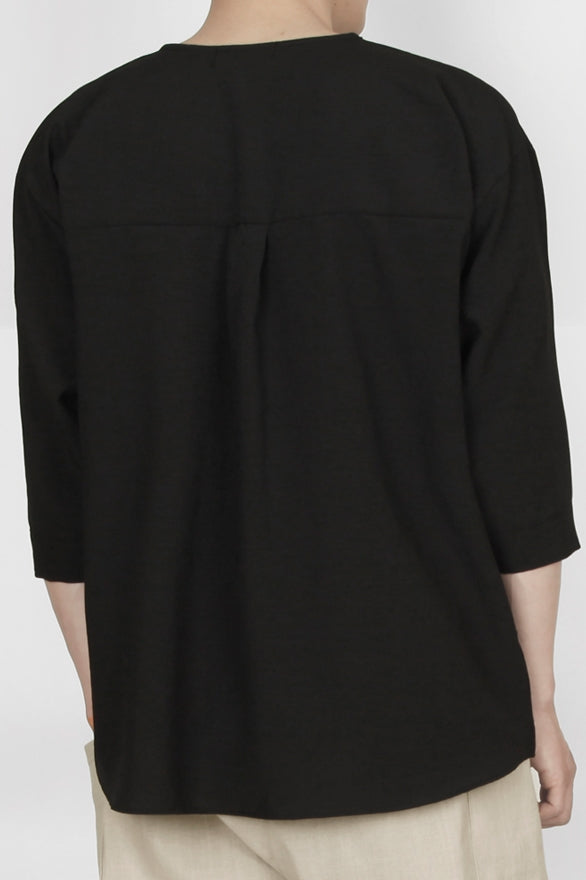 Black Non Collar Casual Shirts Mens Tops Summer 3/4 Sleeves Clothing