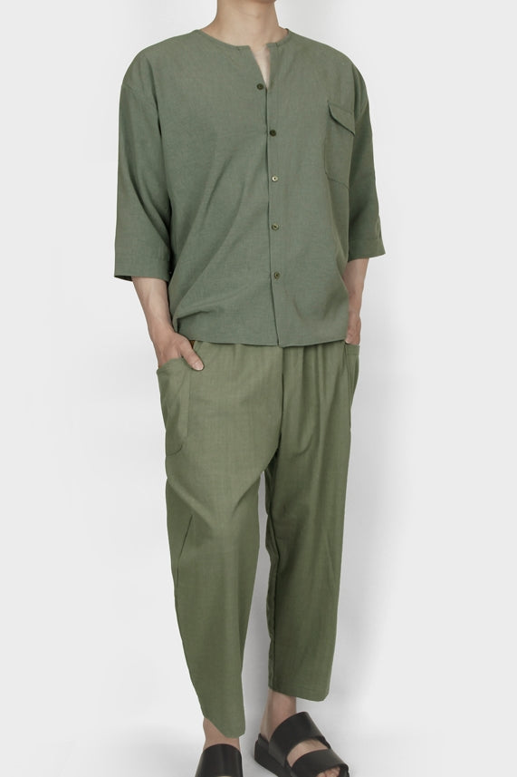 Khaki Non Collar Casual Shirts Mens Tops Summer 3/4 Sleeves Clothing
