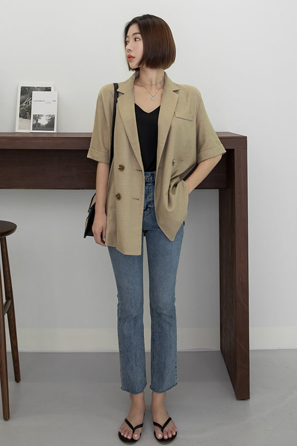 Beige Short Sleeved Linen Jackets Korean Womens Best Fashion
