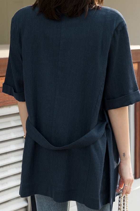 Navy Blue Short Sleeved Linen Jackets Korean Womens Best Fashion