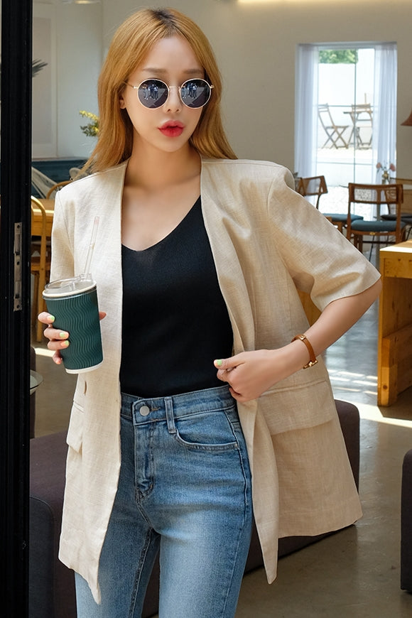 Beige Non Collar Short Sleeved Linen Jackets Korean Womens