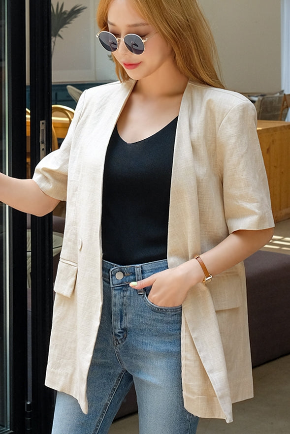 Beige Non Collar Short Sleeved Linen Jackets Korean Womens