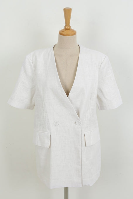 White Non Collar Short Sleeved Linen Jackets Korean Womens Fashion