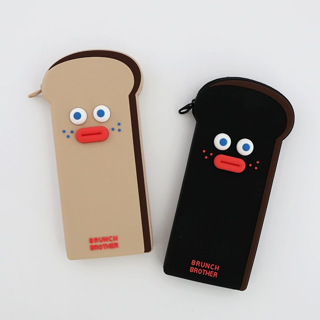 Beige Black BrunchBrother Silicon Toast Pencil Cases Stationery Cute Cotton Zipper