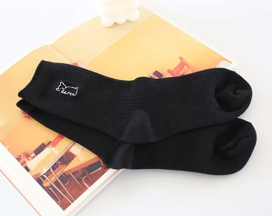 Solid Teddy Bear Accented Ribbed Ankle Socks Cute Cotton Korean Couple