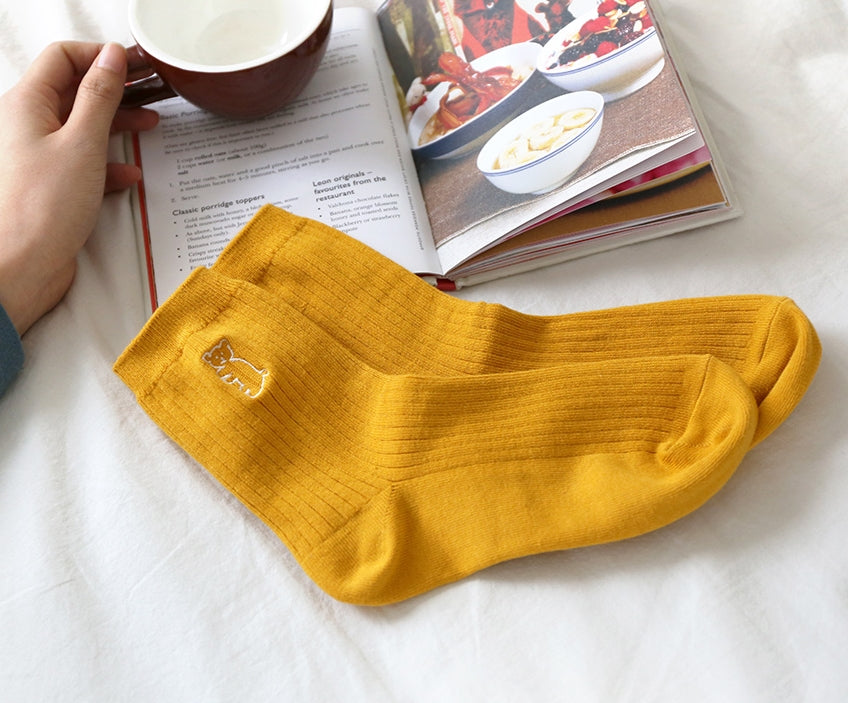 Solid Teddy Bear Accented Ribbed Ankle Socks Cute Cotton Korean Couple