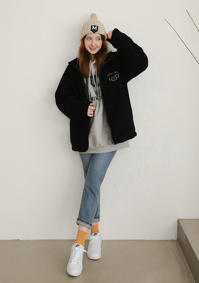 Cute Shearling Jackets Womens Girls Korean Style Outerwear Coats Winter Fleece Warm Loose Fit Mock Neck Zipup Cozy Ivory Black