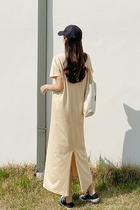Beige Short Sleeved Long Maxi Dresses Casual Basic Back Slit Cotton CALD Beige Short Sleeved Long Maxi Dresses Casual Basic Back Slit Cotton CALD