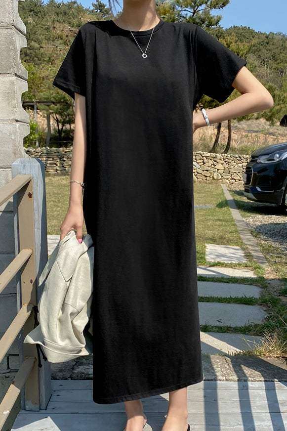 Black Short Sleeved Long Maxi Dresses Casual Basic Back Slit Cotton